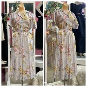 Vintage 80s 90s Floral Print Midi Dress Blue Blouson Rayon Carol Anderson S/M